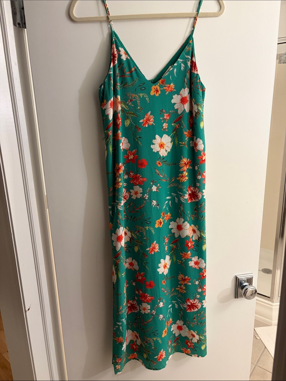 essue Teal Green Floral Spaghetti Strap Slip Dress